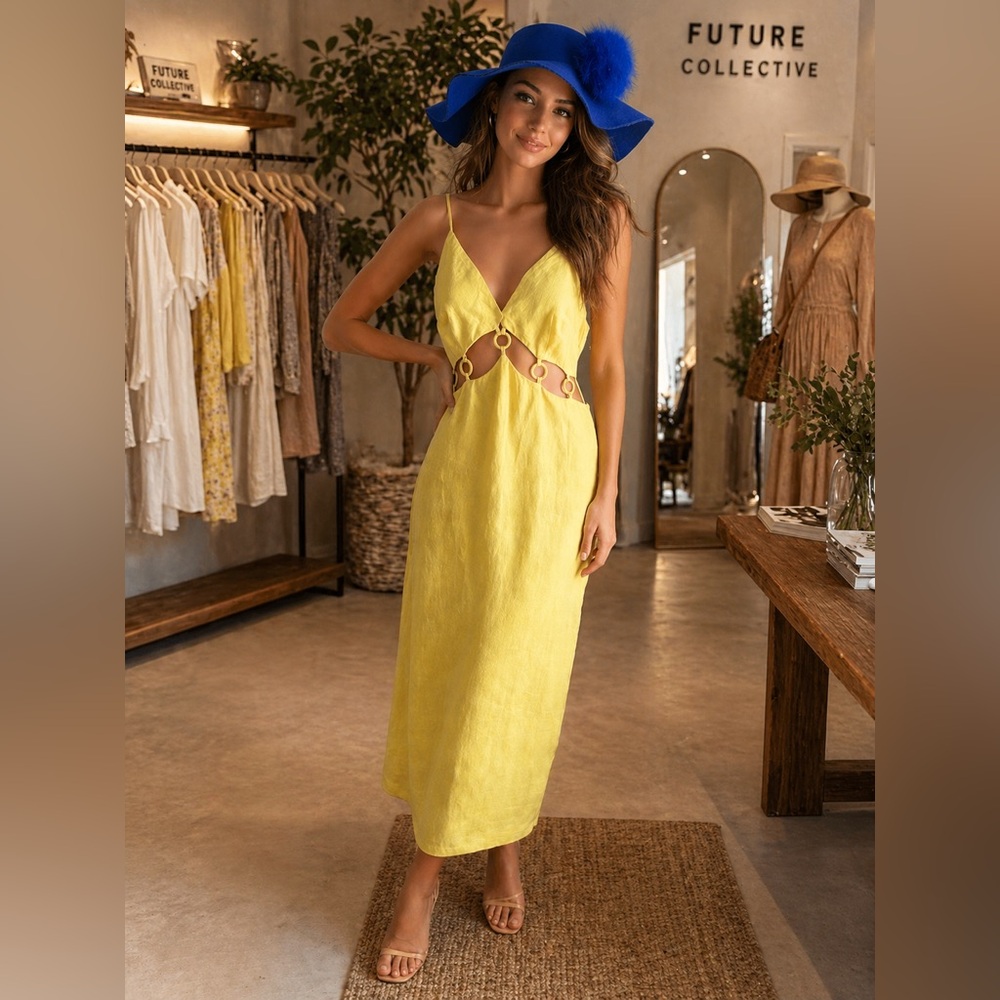 Women's Yellow Cutout Midi Dress - Spaghetti Strap Summer Dress Size 10 - Picture 1 of 9